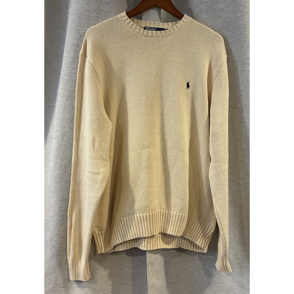 Vintage Polo Ralph Lauren Sweater Men XL Knit Crewneck Pullover 90s Cream Pony
